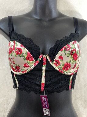 Adore Me Lisette Floral White Contour Longline Bustier Bra Black Lace 32DDD